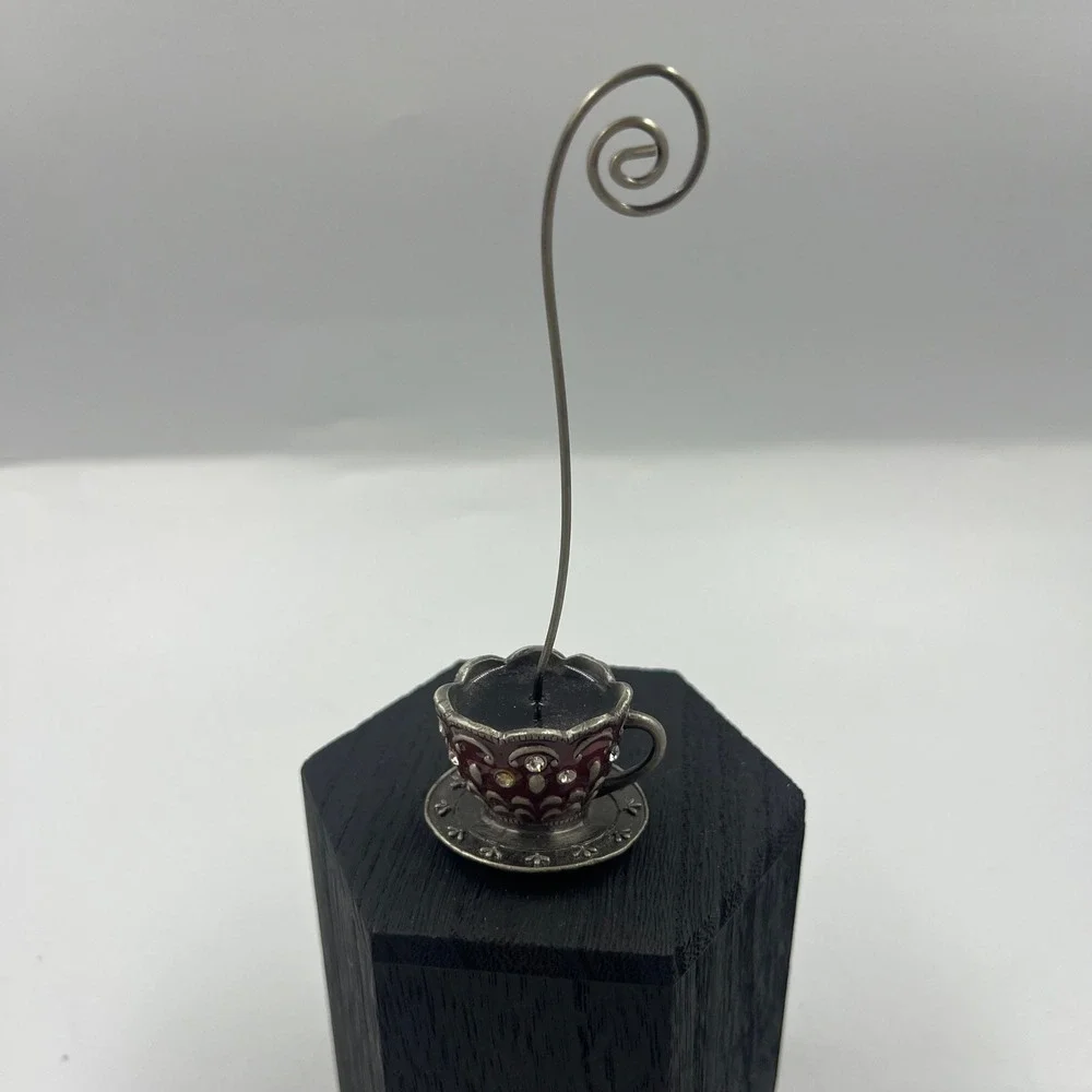 Vintage Style Burgundy Jeweled Teacup Photo Holder Rhinestone Place Card Stand